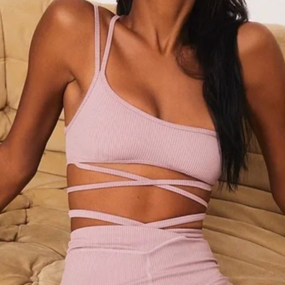 For Love & Lemons XS Mauve Chloe Ribbed Asymmetrical Bra - Like New